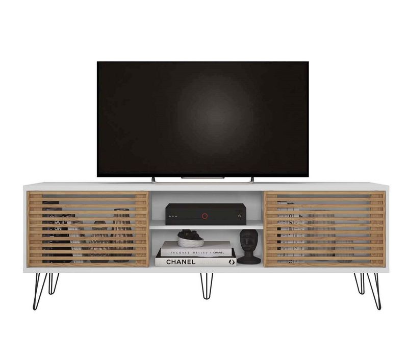 Meuble TV Avec 2 Portes Coloris Blanc, Chêne Buriti - Longueur 180 X Profondeur 36 X Hauteur 46 Cm