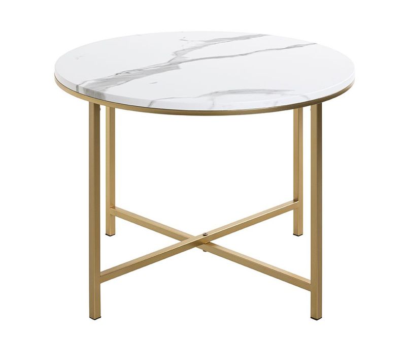 Table D'appoint Ronde En Métal Coloris Doré Et  Mdf Imitation Marbre - Diamètre 60  X Hauteur 45 Cm