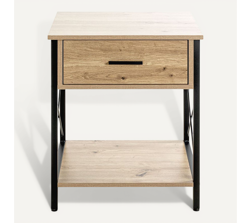 Meuble Console, Table Console En Bois Coloris Chêne Clair  Et Métal Coloris Noir