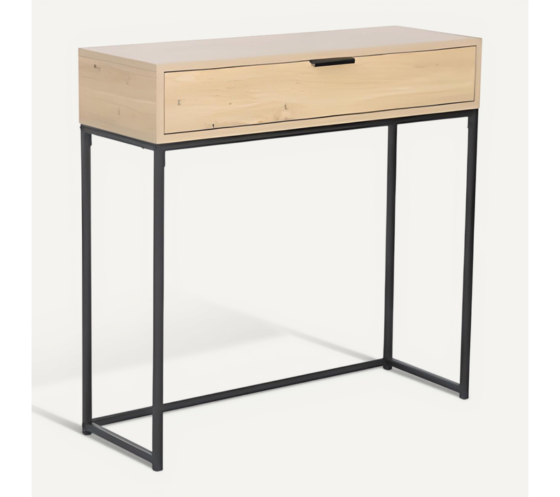 Console Avec 1 Tiroir En Bois Coloris Chêne Clair Et Métal Coloris Noir - L. 80 X P. 28 X H. 77 Cm