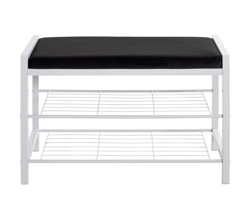 Banc D'assise En Métal Coloris Blanc Et Velours Coloris Noir - L. 75 X P. 32 X H. 50 Cm