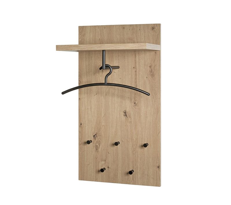 Garderobe Murale, Patère Murale En Bois Coloris Chêne Clair Et Métal Noir