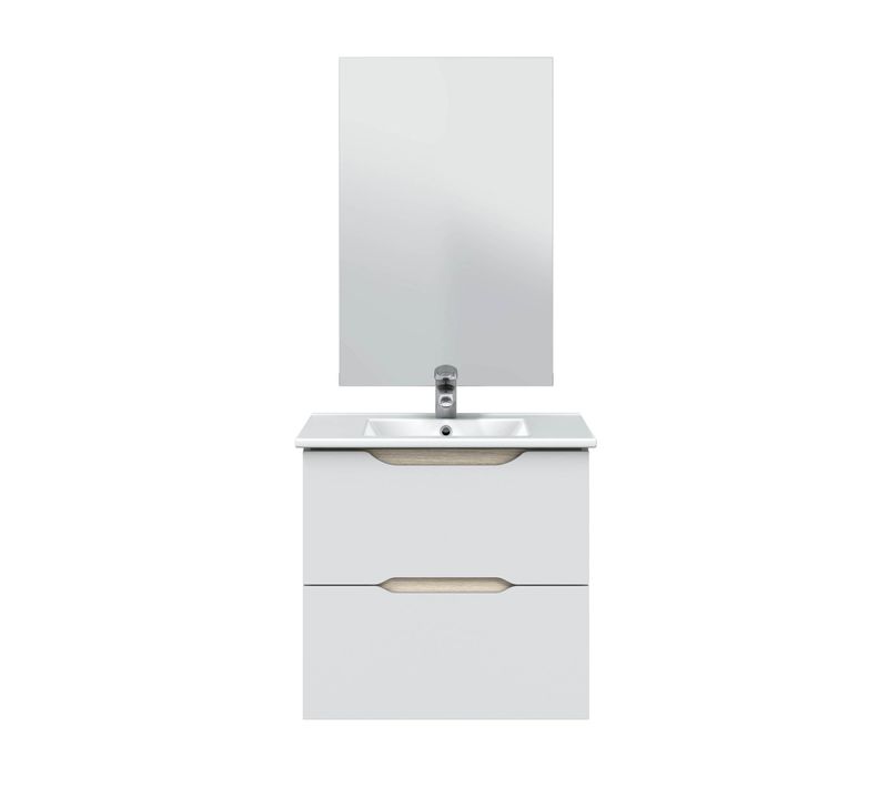 Meuble De Salle De Bain Suspendu 60cm Avec 2 Tiroirs + Miroir Coloris Blanc Et Cambrian
