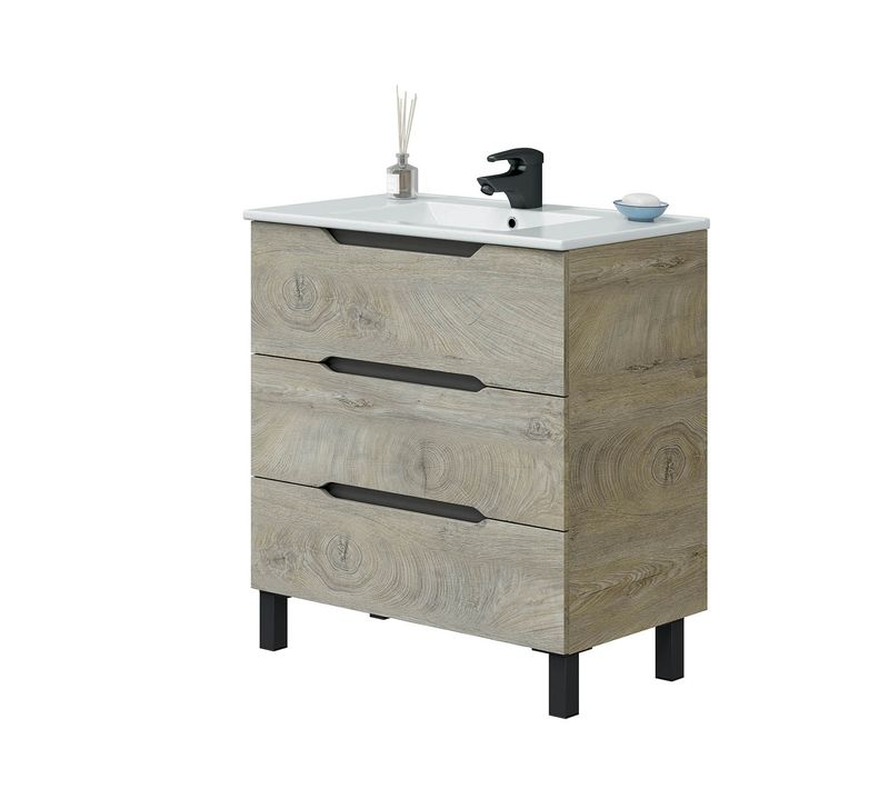 Meuble De Salle De Bain 80cm Avec 3 Tiroirs Sans Poignée Coloris Chêne à Nœuds