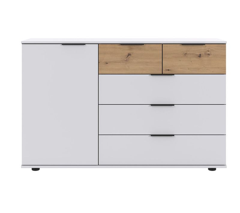 Commode Combinée, Meuble De Rangement Coloris Blanc, Rechampis Imitation Bois - L130 X H83 X P41 Cm