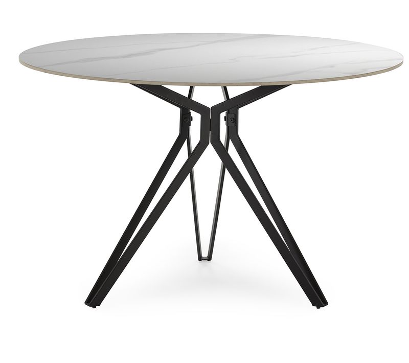Table à Manger, Table De Repas Ronde En Pierre Frittée Effet Marbre Blanc, Pieds En Métal Noir