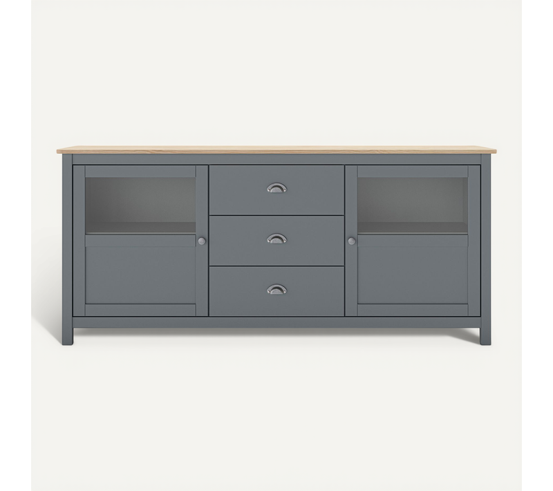 Buffet, Commode De Rangement Avec 3 Tiroirs Et 2 Portes En Pin Coloris Vert Kaki, Chêne