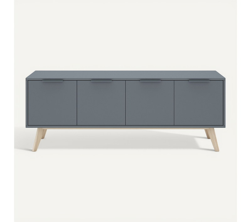 Meuble TV, Meuble De Salon Avec 4 Portes Aspect Bois Coloris Vert Kaki, Pieds En Pin