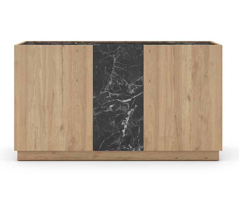 Buffet, Commode Rectangulaire Avec 3 Portes Aspect Bois Coloris Naturel Et Effet Marbre Noir
