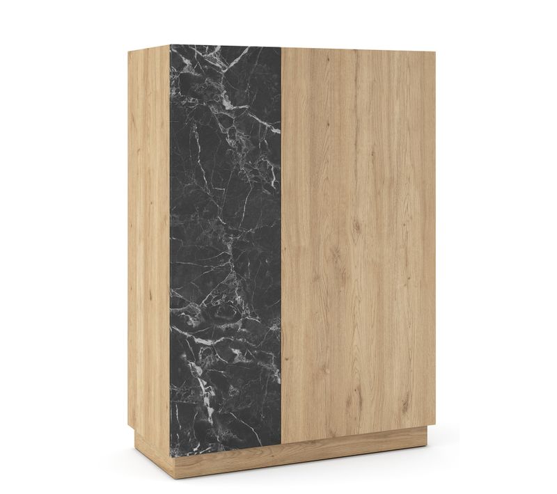 Buffet, Meuble De Rangement Aspect Bois Avec 2 Portes Coloris Naturel Et Effet Marbre Noir