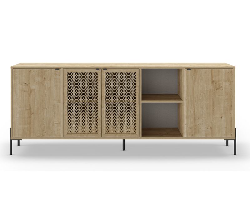 Buffet, Meuble De Rangement Aspect Bois Coloris Chêne, Pieds En Métal Noir