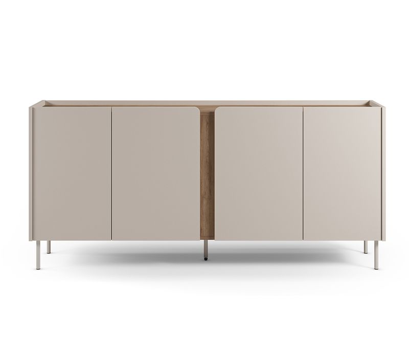 Buffet, Commode De Rangement Avec 4 Portes Aspect Bois Coloris Crème, Chêne Et Pieds En Métal