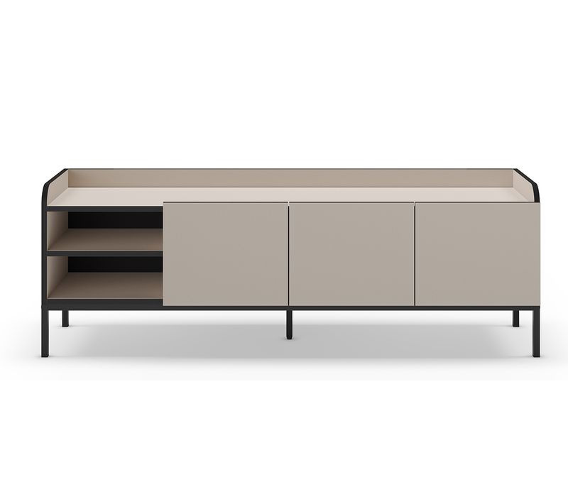 Meuble TV, Meuble De Salon Avec 3 Portes Aspect Bois Coloris Crème, Pieds En Métal Noir