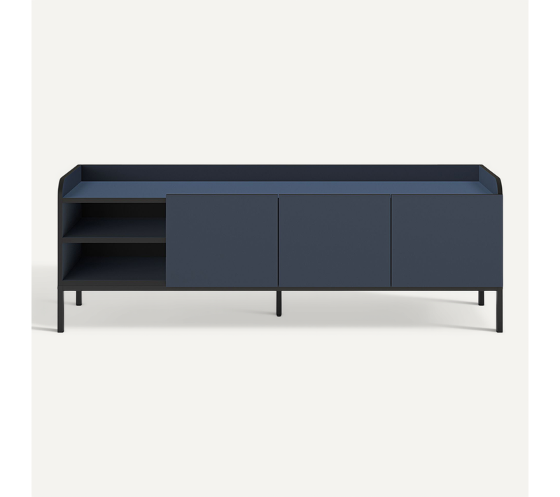 Meuble TV, Meuble De Salon Aspect Bois Coloris Bleu, Pieds En Métal Noir