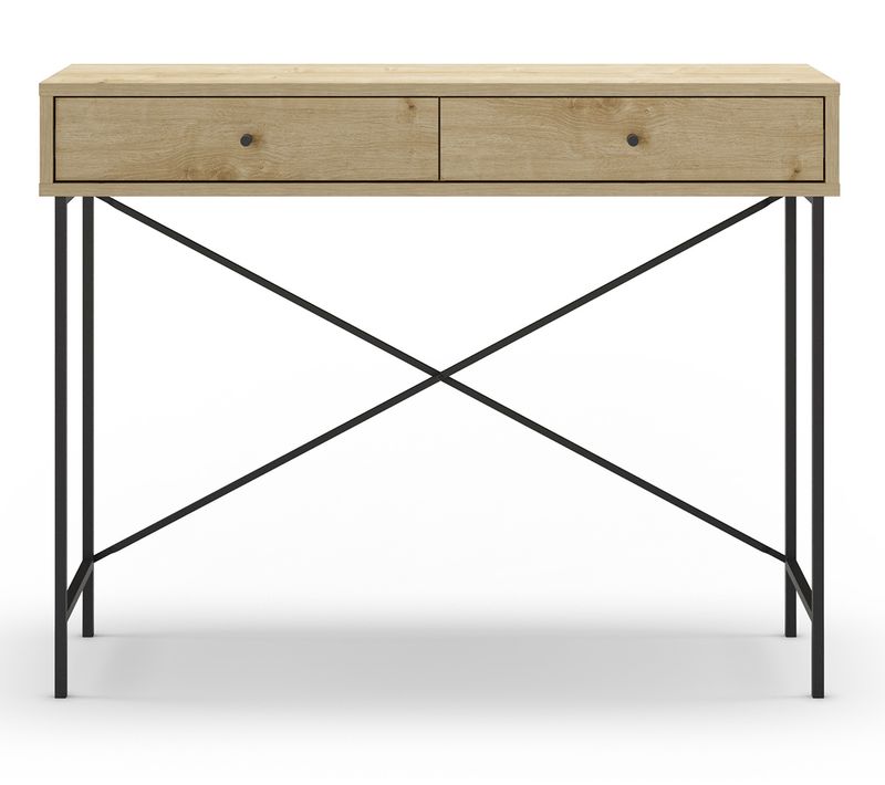 Meuble Console, Table De Console Avec 2 Tiroirs Aspect Bois Coloris Chêne Et Pieds En Métal Noir