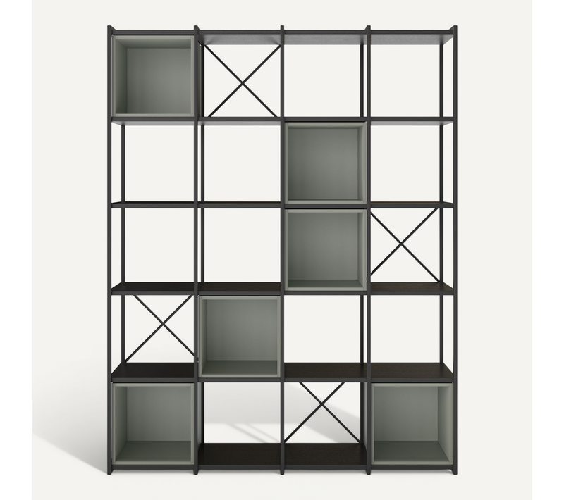 Etagère Haute, Meuble étagère Aspect Bois Coloris Vert Et Métal Noir - L. 140 X P. 39 X H. 179 Cm