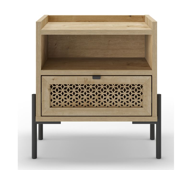 Table De Nuit, Table De Chevet Avec 1 Tiroir Aspect Bois Coloris Chêne Et Pieds En Métal Noir