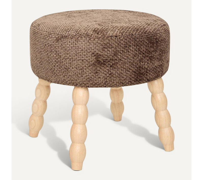 Tabouret Rond Rembourré Tissu Marron Et Pieds En Bois - Diamètre 39 X Profondeur 38 X Hauteur 38 Cm
