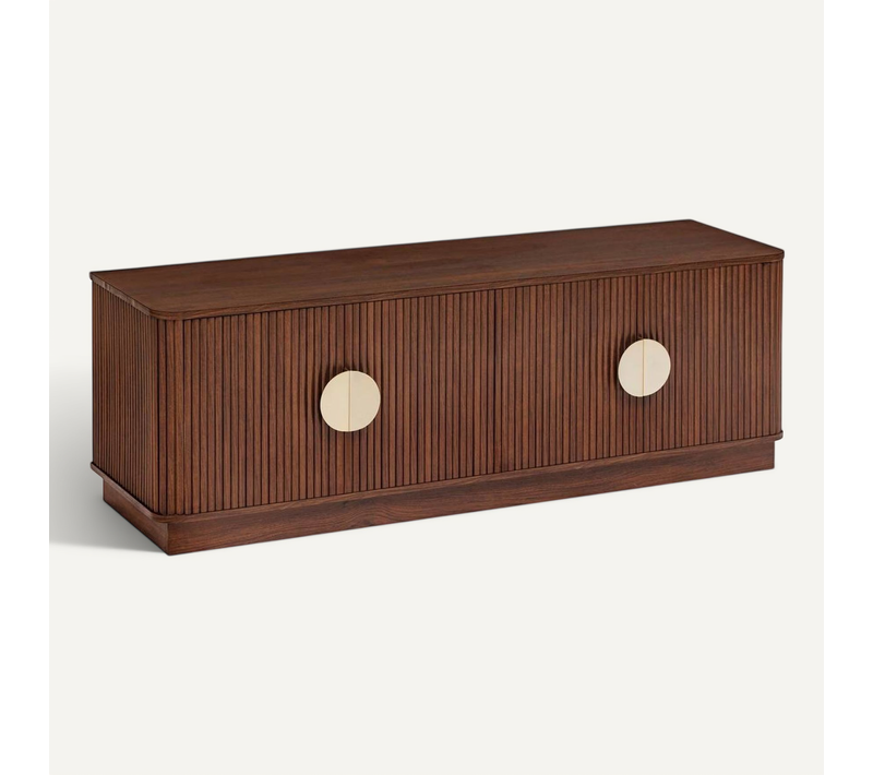 Meuble TV De 4 Portes 2 Coloris Noyer - Longueur 140 X Profondeur 40 X Hauteur 48 Cm