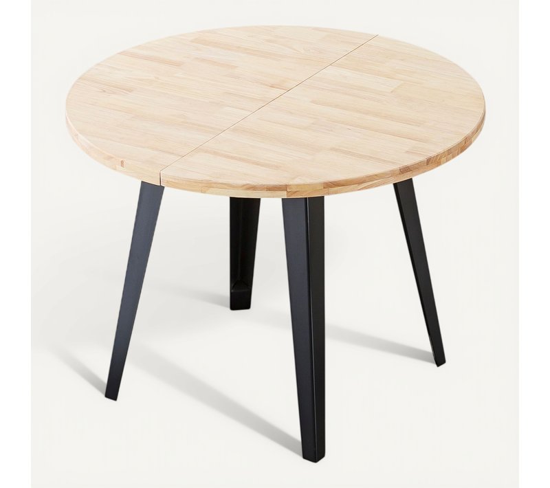 Table à Manger Ronde Extensible Coloris Chêne Nordique, Pieds En Métal Noir