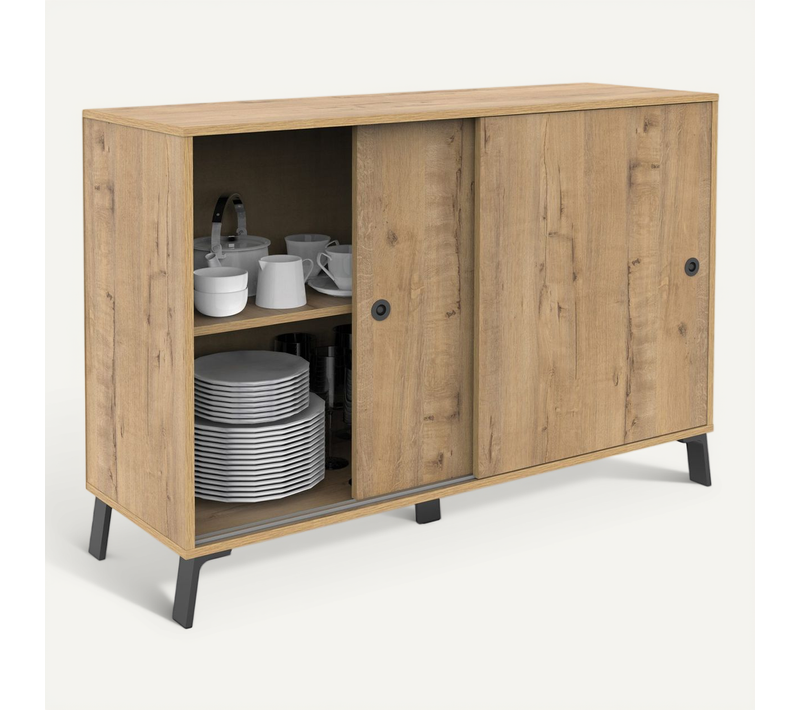 Buffet Meuble De Rangement 2 Portes Coulissantes Et 4 Compartiments Coloris Chêne Doré
