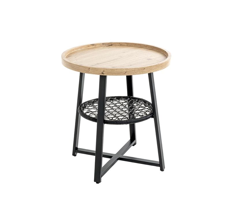 Bout de canapé Ronde Coloris Chêne Et Métal Noir - Diamètre 50 X Hauteur 55 Cm