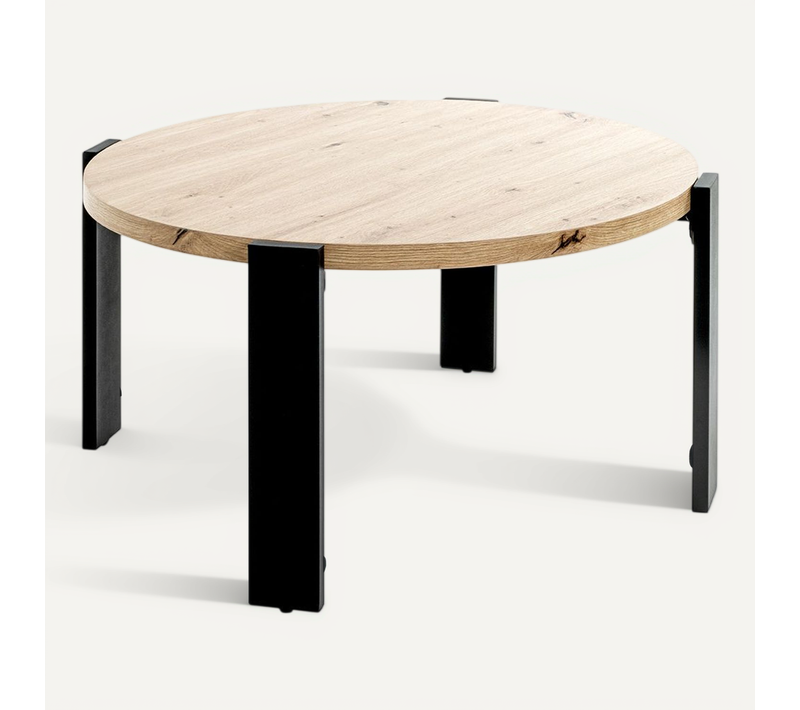 Table Basse Ronde Coloris Chêne Et Métal Noir - Diamètre 75 X Hauteur 42 Cm