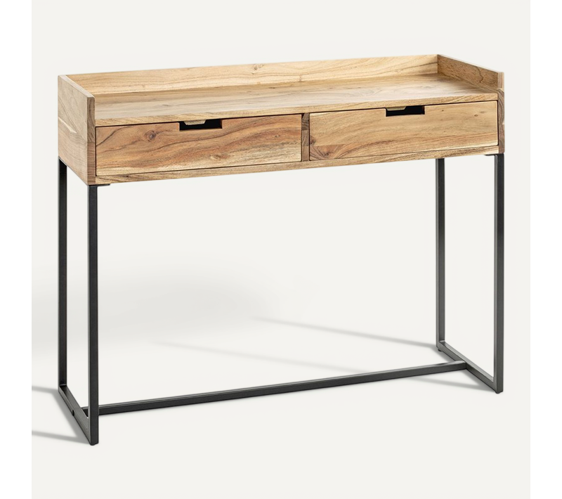 Table Console Meuble D'entrée 2 Tiroirs Coloris Chêne Et Métal Noir - L. 100 X H. 80 X P. 35cm