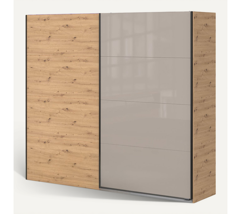 Armoire Placard Avec Portes Coulissantes Coloris Imitation Chêne Artisan, Façade Verre Gris
