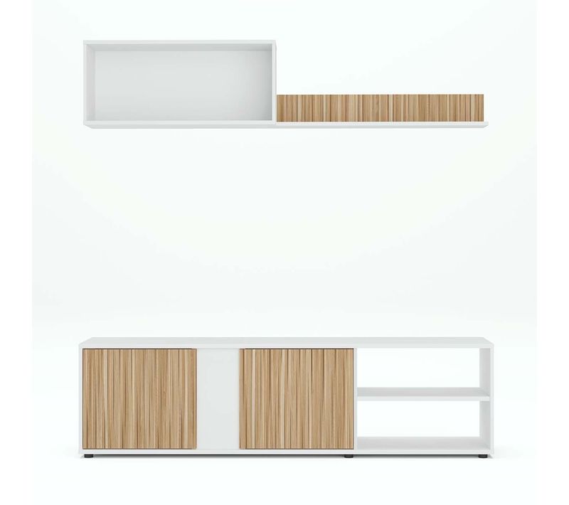Ensemble De Salon (meuble TV, 1 Meubles Haut, Étagère Murale) Meuble Séjour Coloris Blanc/chêne