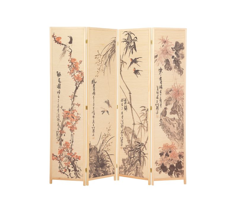 Paravent Japonais En Bois Et Bambou 4 Pans Avec Dessin Coloris Naturel - H. 175 X P. 176 X P. 2 Cm