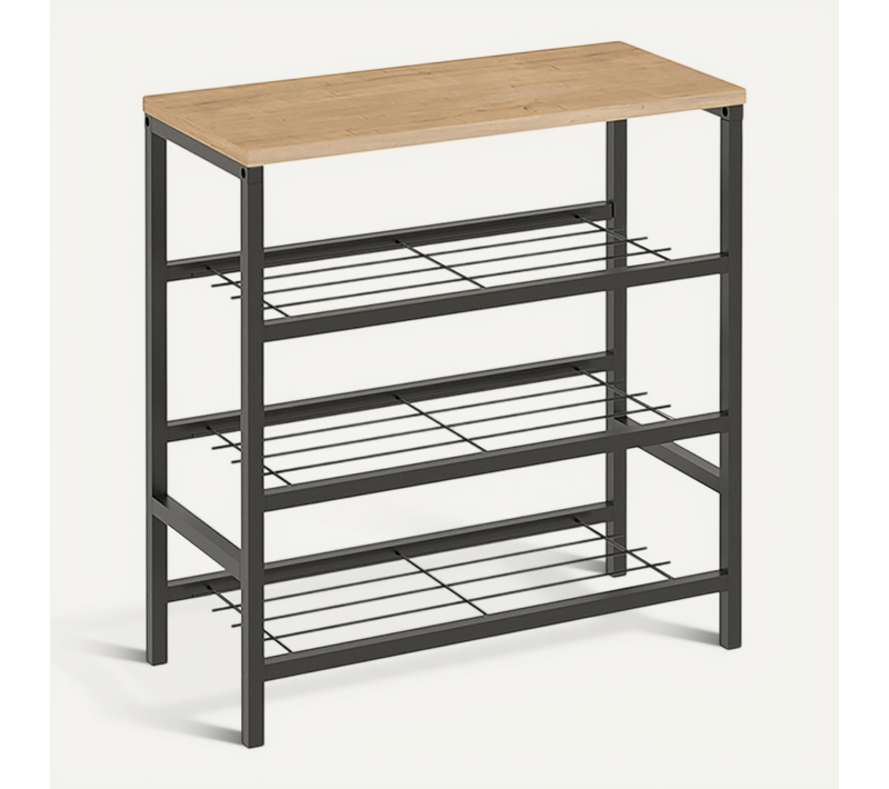 étagère Meuble à Chaussures à 3 Niveaux De Rangement Cadre En Acier Noir - L. 65 X H. 67 X P. 30 Cm