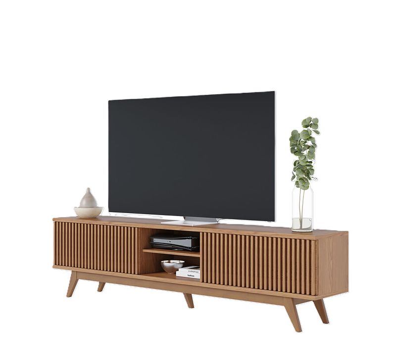 Meuble TV Bas Avec Portes à Panneaux Décoratifs Coloris Chêne - L. 218 X H. 58 X P. 40 Cm