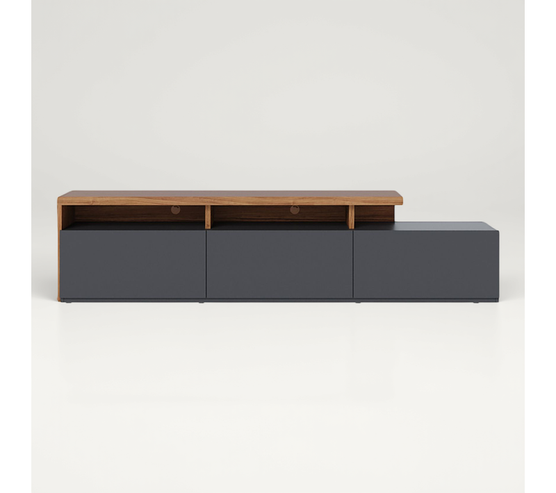 Meuble TV Bas Avec 3 Tiroirs Coloris Bois Et Noir Mat - Longueur 210 X Hauteur 51 X Profondeur 45 Cm
