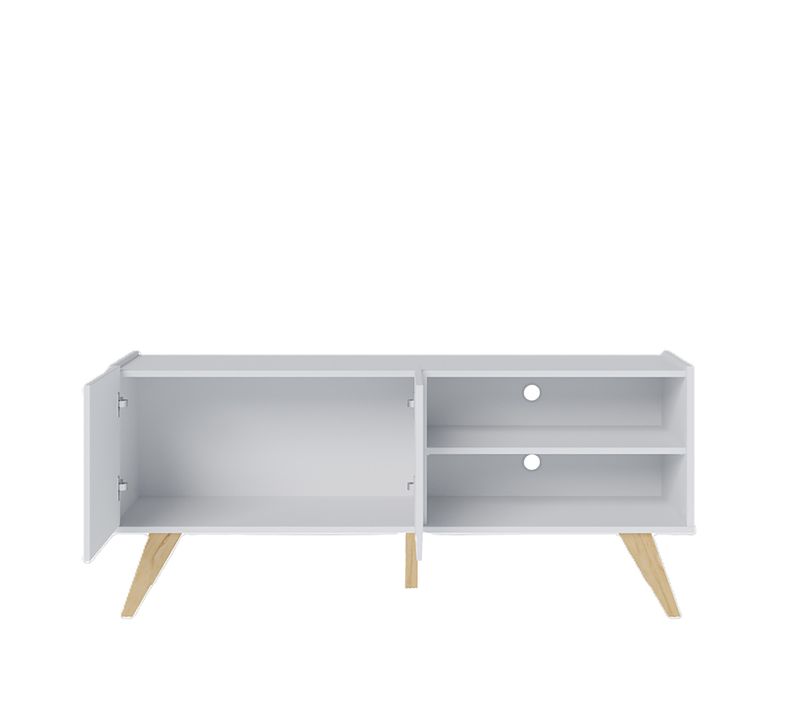 Meuble TV Coloris Blanc Avec Portes Et Étagères Ouvertes Pieds En Chêne Vieilli