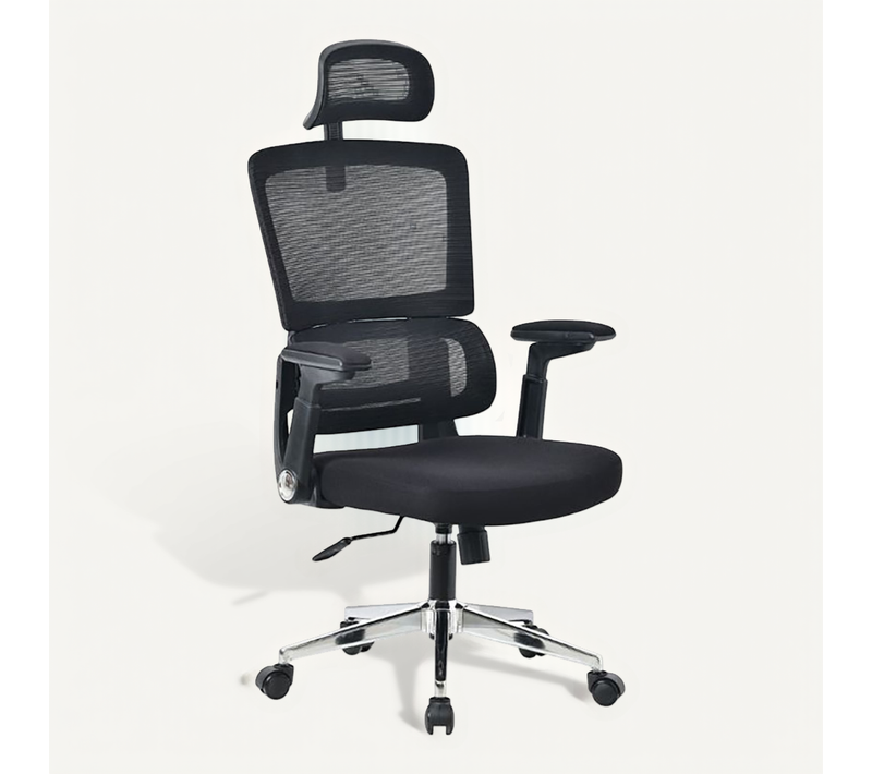 Chaise De Bureau Noire, Dossier Haut Avec Coussin Cervical, Pieds En Métal à Roulettes