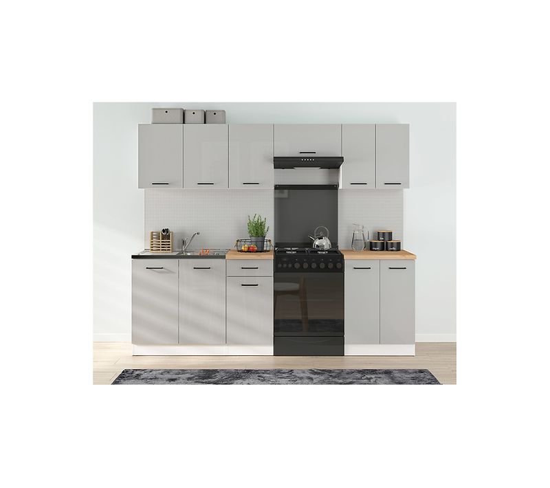 Cuisine Complète 240 Cm,ensemble De Meuble De Cuisine Coloris Gris Clair, Sans Plan De Travail