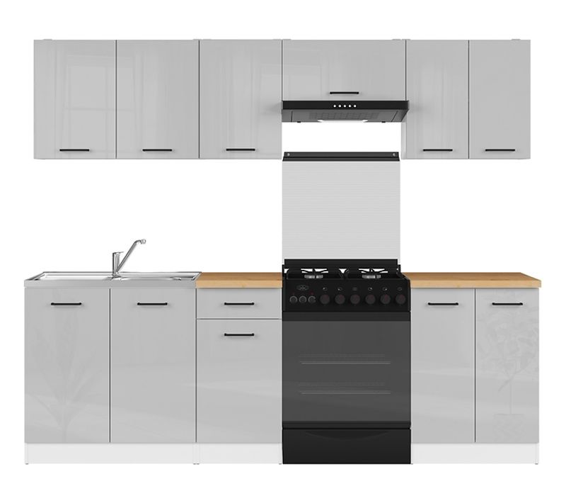 Cuisine Complète 240 Cm,ensemble De Meuble De Cuisine Coloris Gris Clair Brillant, Plan De Travail