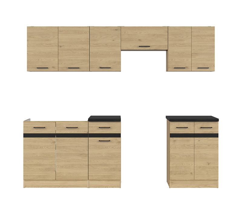 Cuisine Complète 240 Cm, Meuble De Cuisine coloris chêne berstein, Plan De Travail Noir Inclus