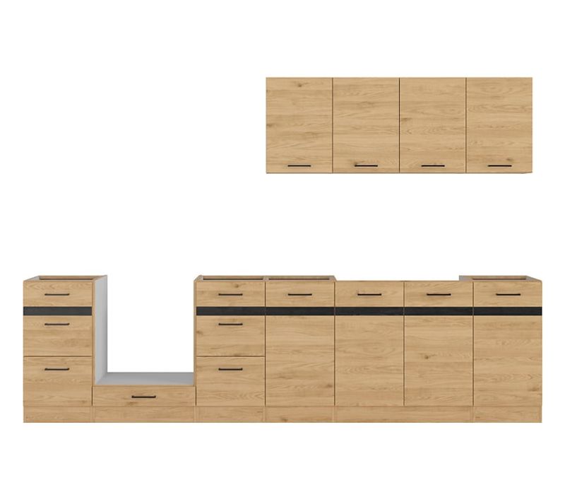 Cuisine Complète 300 Cm,Meuble De Cuisine coloris chêne bernstien, Plan De Travail Non Inclus