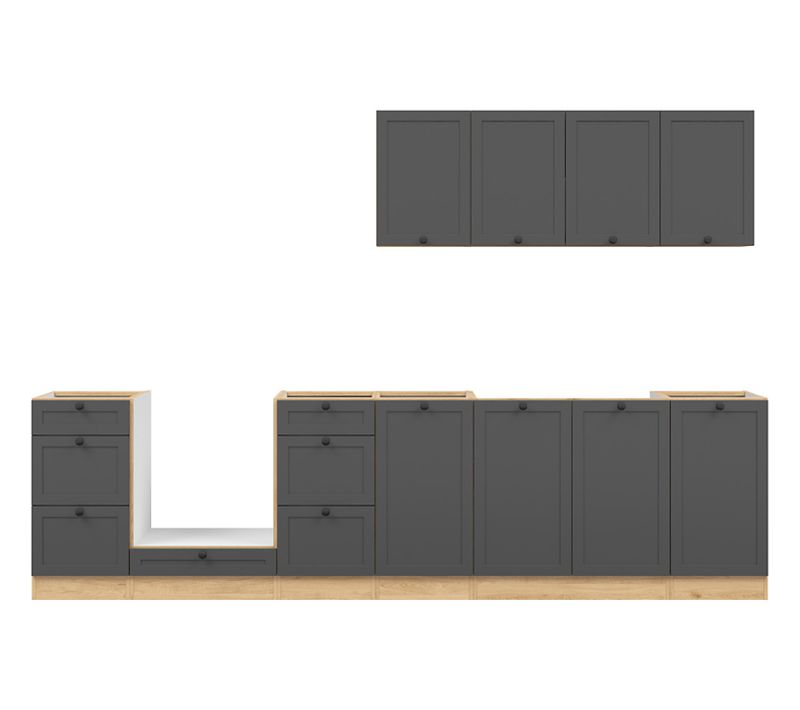 Cuisine Complète 300 Cm, Meuble De Cuisine coloris gris graphite/chêne, Plan De Travail Non Inclus