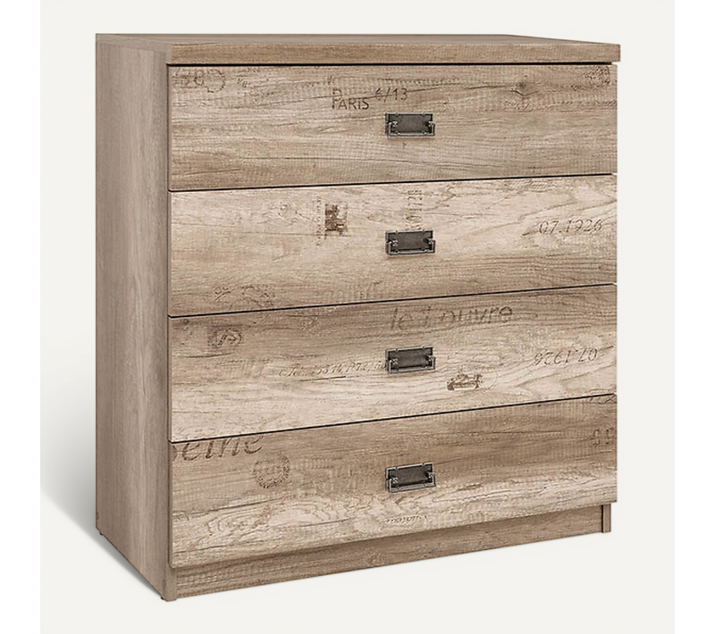 Commode à 4 Tiroirs Coulissantes Coloris Chêne/gris Motif écriture - L. 80 X P. 40 X H. 87,5 Cm