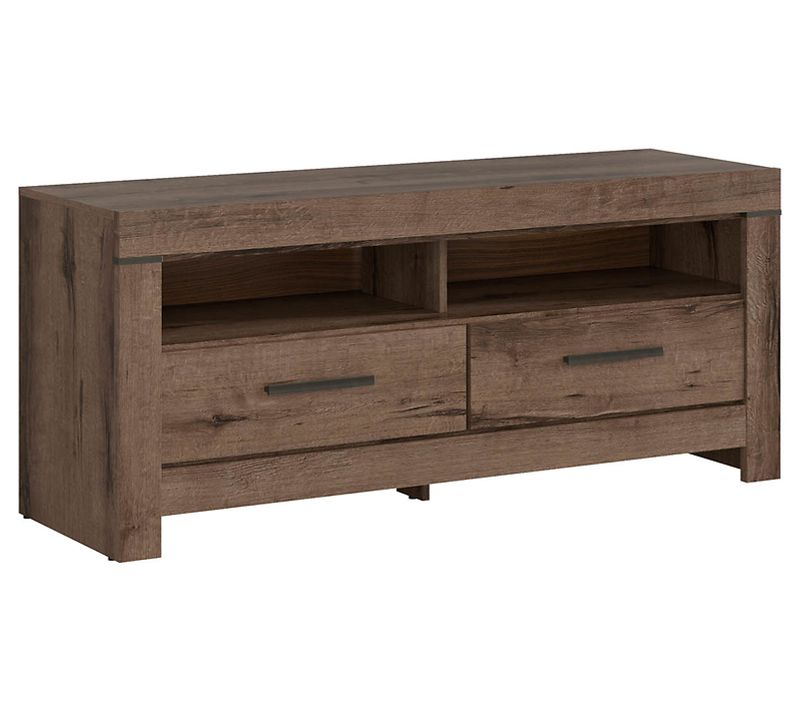 Meuble TV Avec 2 Tiroirs Et Une Étagère, Coloris Chêne Marron Foncé- L. 140 X P. 45 X H. 61 Cm