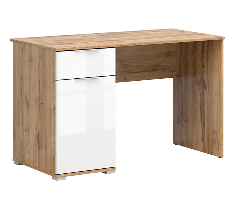 Bureau Avec 1 Portes Et 1 Tiroir Coloris Chêne Wotan/blanc Brillant - L. 120 X P. 60 X H. 76 Cm