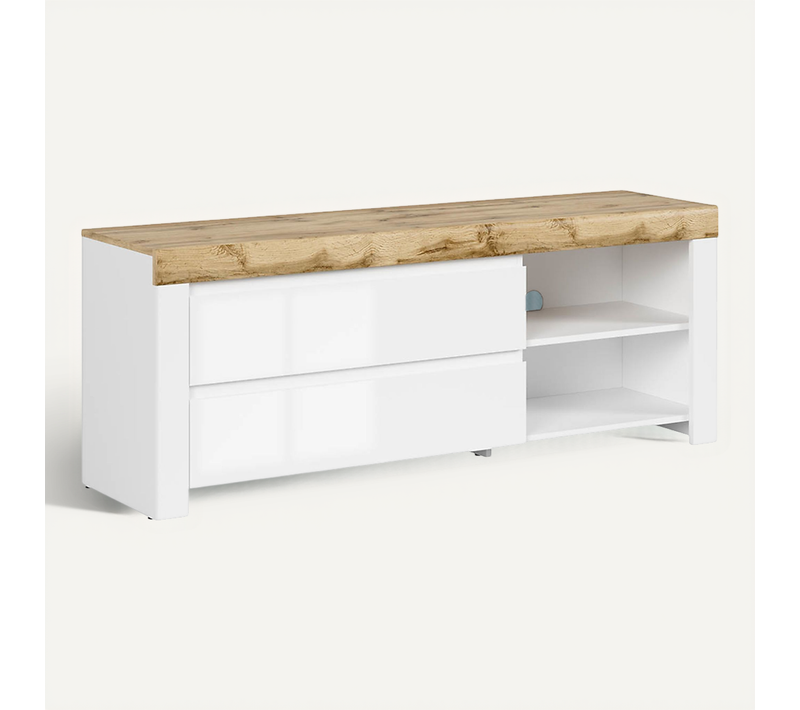 Meuble TV Avec 2 Tiroirs,coloris Blanc/chêne Wotan - Longueur 156 X Profondeur 42 X Hauteur 60,5 Cm