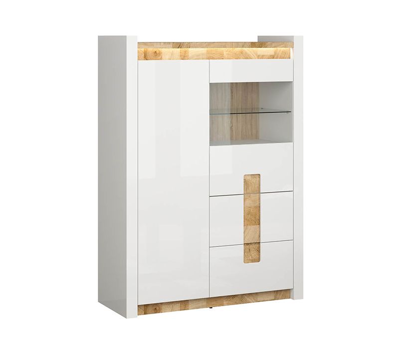 Vitrine Avec 2 Portes Et 2 Tiroirs,avec Éclairage LED, Coloris Blanc Brillant/chêne Clair