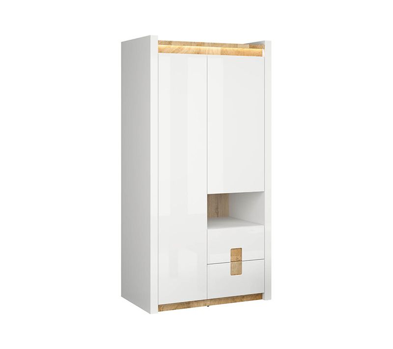 Armoire à 2 Portes Et 2 Tiroirs,avec Éclairage LED,coloris Blanc Brillant/chêne Clair