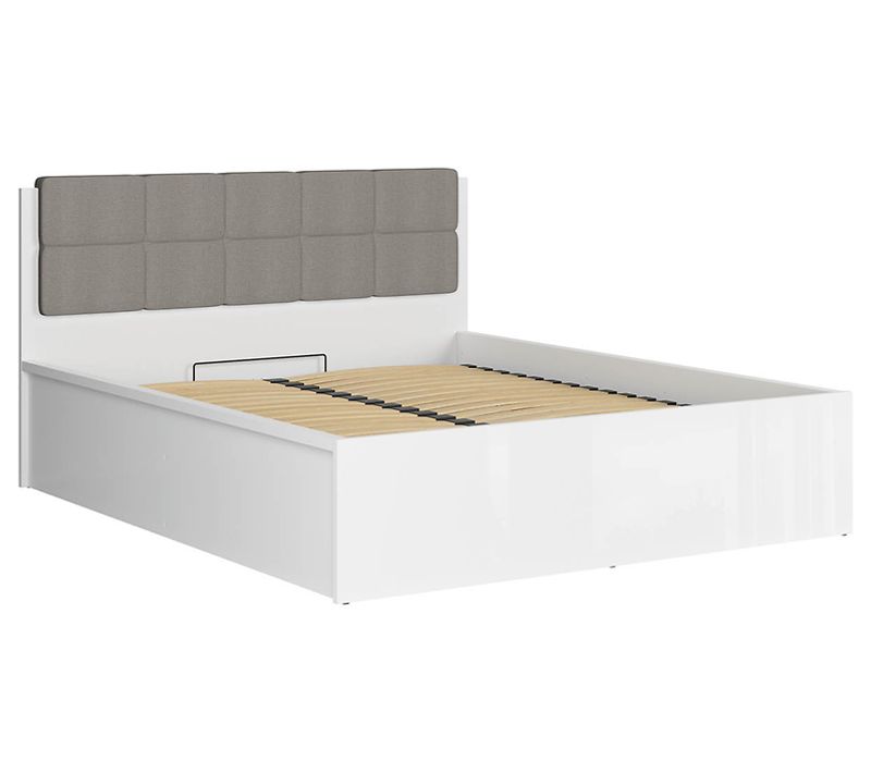 Lit Coffre 160x200 Tête Rembourée Grise Avec Sommier Et Rangement, Coloris Blanc Brillant