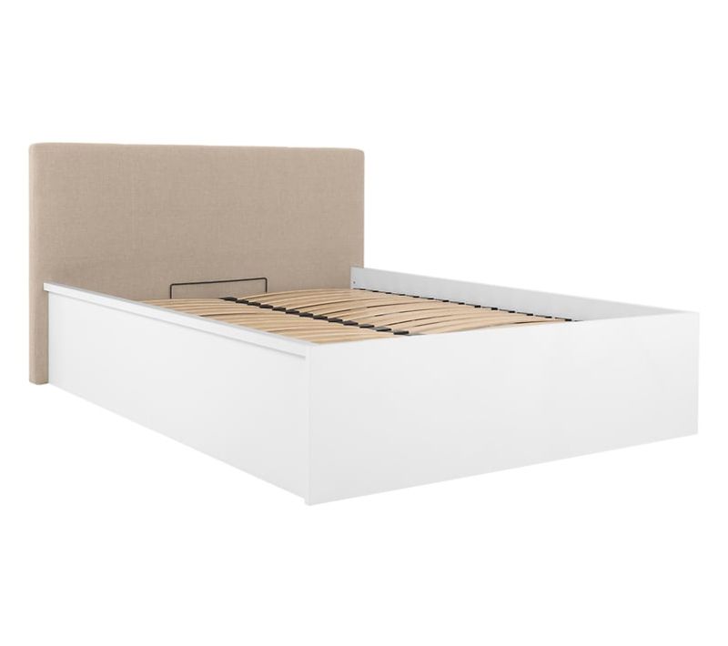 Lit Coffre 140x200 Avec Tête De Lit Capitonnée ,coloris Blanc Brillant/textile Beige