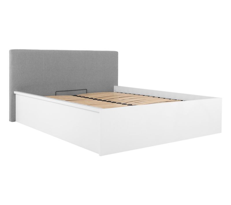 Lit Coffre 160x200 Avec Tête De Lit Capitonnée ,coloris Blanc Brillant/textile Gris